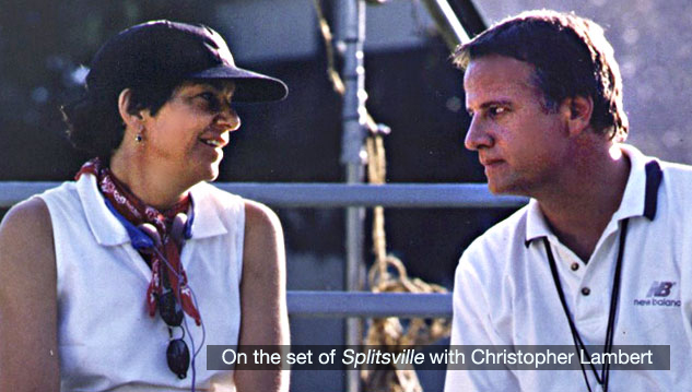 Lynn Hamrick speaking with Christopher Lambert on the set of Splitsville